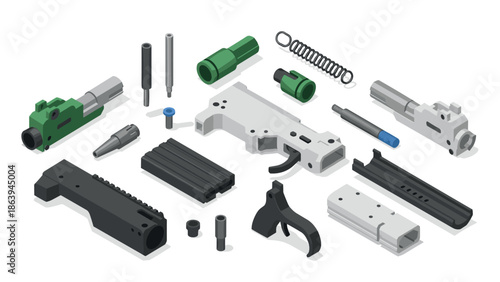 Isometric mechanical gun parts assembly in flat design