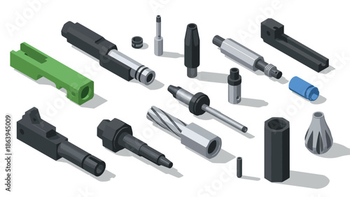 Industrial components in isometric style: mechanical parts and tools collection