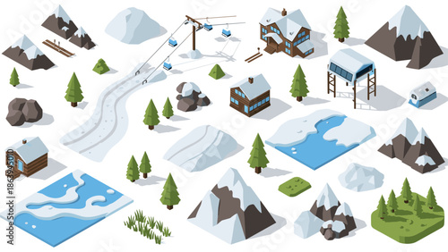 Isometric winter ski resort with snowy mountains, cabins, and chairlift