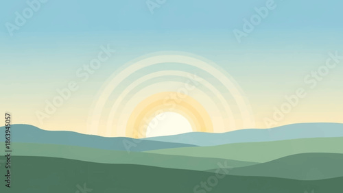 Minimalist landscape illustration featuring a tranquil sunrise over rolling green hills, with a warm sun radiating gentle light against a clear, serene morning sky