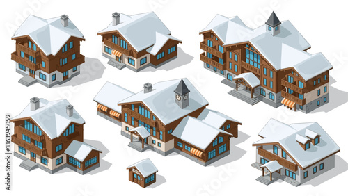 Charming alpine chalets with snow-capped roofs in isometric view