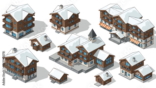 Charming snow-covered alpine chalets with rustic wooden architecture