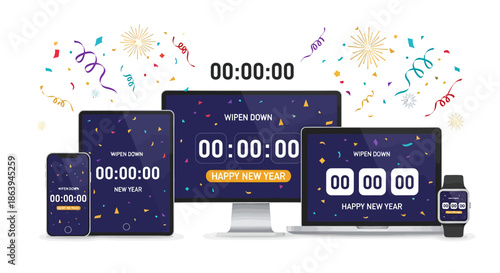 Happy New Year countdown on various devices with confetti