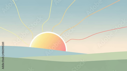 Minimalist illustration of a serene sunrise casting soft pastel light across rolling hills, symbolizing new beginnings and peaceful awakenings