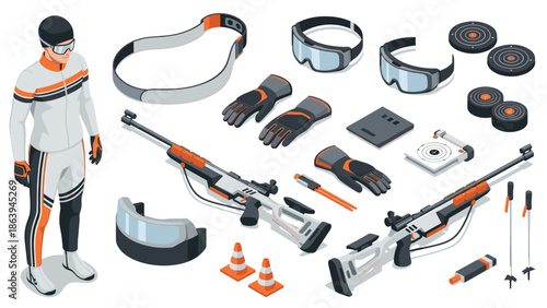 Winter sports equipment collection featuring biathlon accessories in modern isometric design