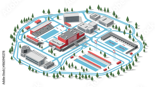 Isometric campus plan with modern buildings and facilities in winter