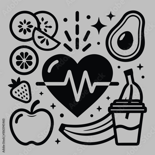 heart and food icon set