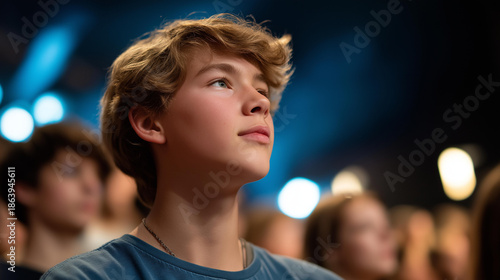A young soloist rehearsing with a full orchestra, stage lights illuminating nervous excitement as the ensemble gently supports their part — mentorship, musical growth, and heartfelt performance