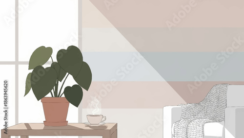 Cozy minimalist interior scene A vibrant green houseplant and warm drink, bathed in gentle sunlight through a window, creating a peaceful and inviting home atmosphere