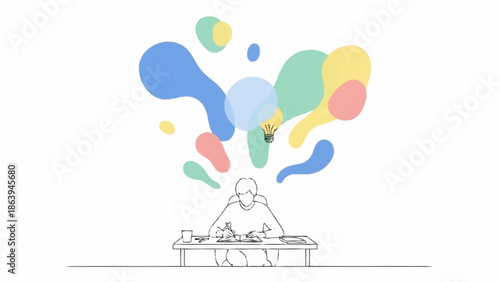 Illustration of a person working at a desk with a lightbulb symbolizing ideas and creativity emerging