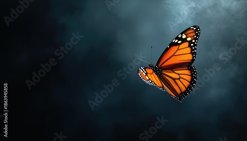 Orange butterfly with black spots flies in dark foggy sky. Insect wings show fine lines and vibrant colors. Nature delicate beauty appears mysterious and serene.