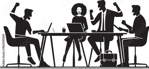 Black and white vector silhouette of a Team isolated on white background