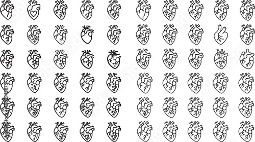 Black and white illustrations of human heart anatomy in various styles and orientations on white background