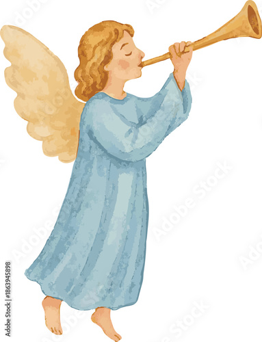 Vector watercolor illustration of an angel with fanfare