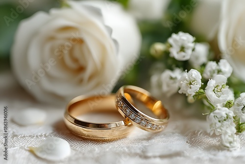 Naklejka 白いバラの花びらに置かれたゴールドの結婚指輪