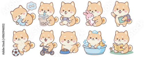 Complete cute shiba inu kids sticker set featuring various daily routines and playful activities. Includes sleeping, eating, bathing, studying, playing, and relaxing moments.