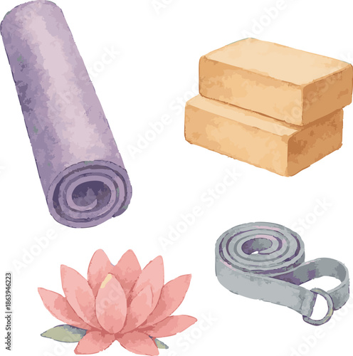 Collection of watercolor illustrated vector yoga stuff