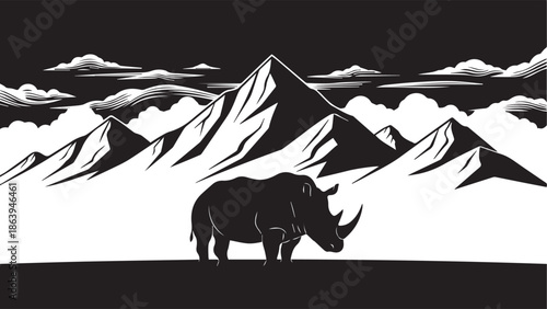 rhino, animal, mountain, silhouette, nature, wildlife, landscape, wild, mammal, illustration, majestic, safari, design, vector, adventure, conservation, white, black, environment, endangered, powerful