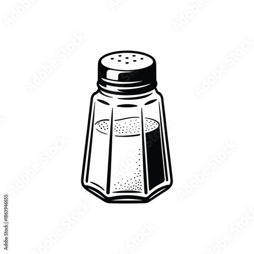A simple black and white illustration of a classic salt shaker