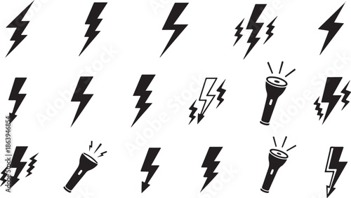 Thunderbolt symbol and lightning bolt icon set, electric power energy logo with flash light sign design vector eps