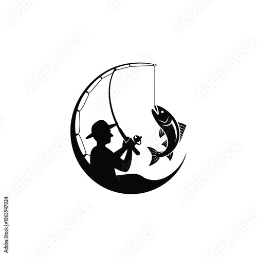 Silhouette of a fisherman casting a line catching a leaping fish