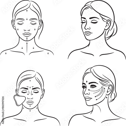 A line art collection of face mapping lines skincare zone vector art, with Gua Sha stone for lymphatic drainage linear