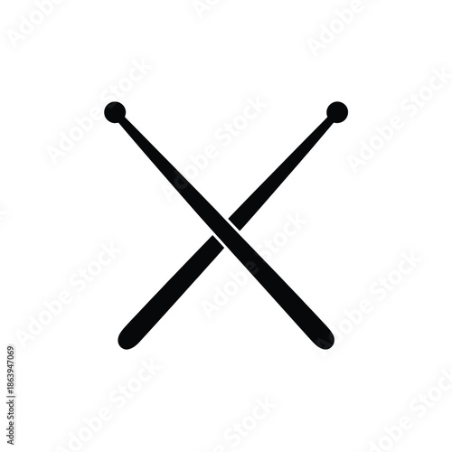 A simple black and white illustration of two crossed drumsticks