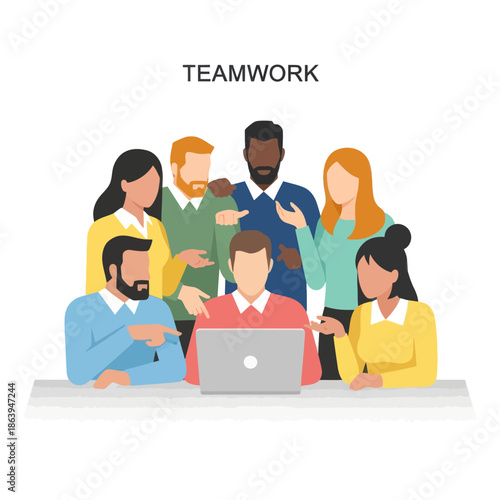 Diverse team collaborating around laptop, teamwork concept illustration