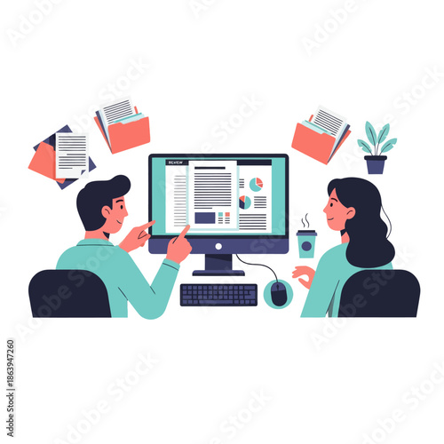 Teamwork analysis: People reviewing data on computer screen, files and charts