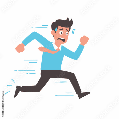 Man Running Fast with Sweat and Fear, Stressful Situation, Deadline Rush