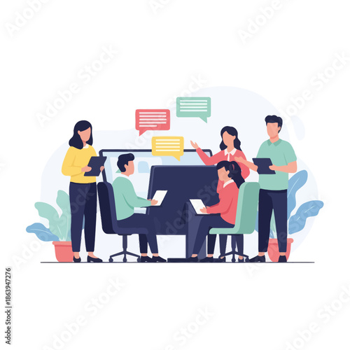 Diverse team collaborating in modern office meeting, discussing ideas with speech bubbles