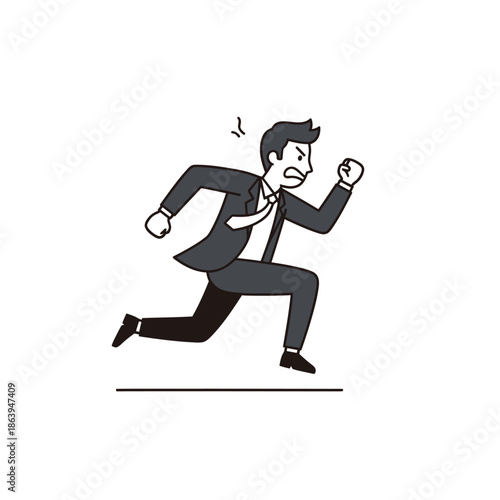 Angry businessman running fast, stressed, work pressure, deadline, cartoon illustration