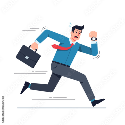 Businessman running late, holding briefcase and checking watch, stressed, deadline concept