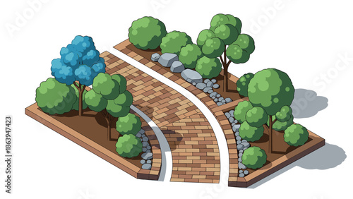 Isometric park pathway with brick walkway and lush trees