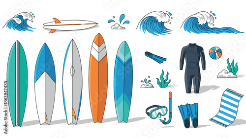 Surfing gear collection with boards, waves, and accessories in flat cartoon style