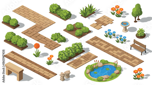 Isometric garden elements with pathway, trees, and pond features for landscape design
