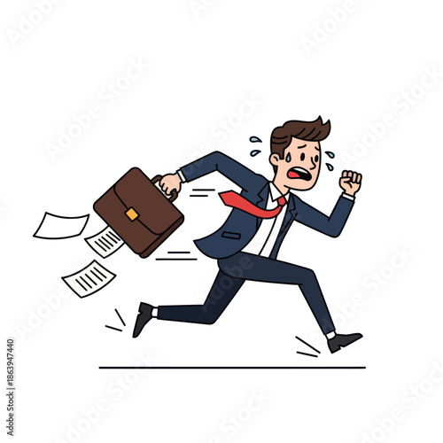 Stressed Businessman Running Late, Dropping Papers, Business Rush Concept