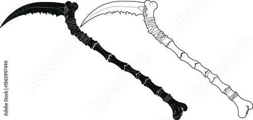 Grim reaper bone scythe vector illustration, dark fantasy skeletal weapon design, gothic death sickle icon, hand drawn spooky scythe isolated on white background, necro weapon.