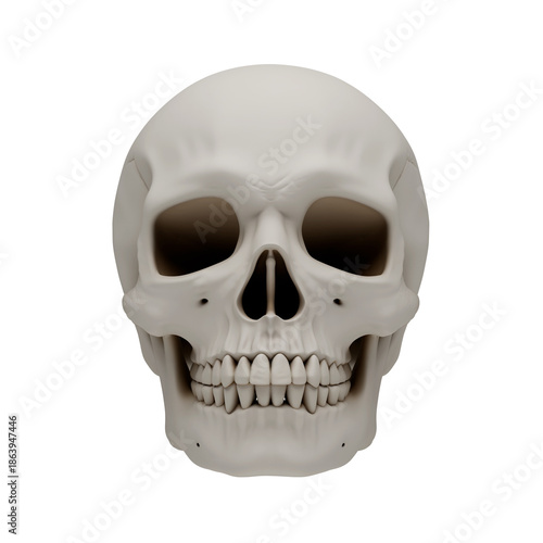 3D human skull anatomy model isolated on transparent background, realistic bone texture craniofacial skeleton for medical education, science research, halloween horror or gothic art design.