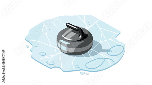 Isometric curling stone on ice surface with cracks and water drops