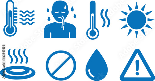Weather and Health Warning Icons Flat Vector for Medical Safety Alert, healthcare applications, weather alert systems, and workplace health and safety manuals.