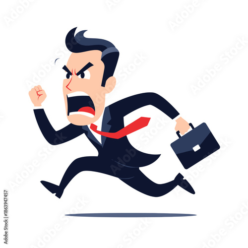 Angry businessman running with briefcase, shouting in frustration, business stress concept
