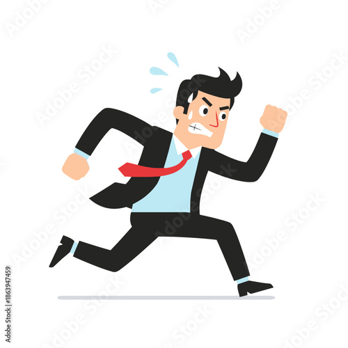 Businessman Running Fast, Sweating, Stressed, Late for Work, Deadline Pressure