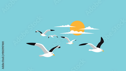 Minimalist seagulls flying against a sunlit sky