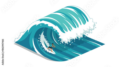 Isometric wave with surfer riding ocean curl in dynamic style