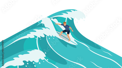 Dynamic surfing adventure: flat design of surfer riding a giant wave