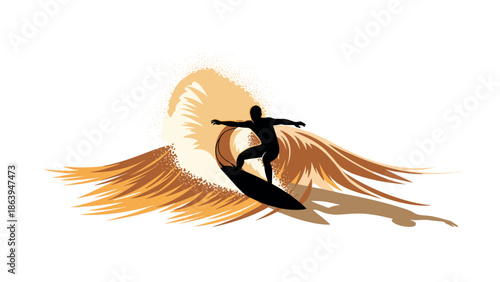 Dynamic silhouette of surfer riding a wave in golden tones