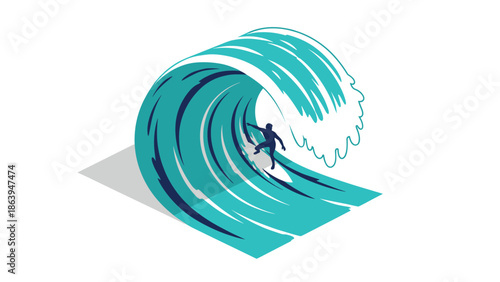 Surfer riding turquoise wave in dynamic isometric design