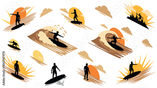 Silhouette surfers with sunset skies and waves capturing surfing adventure