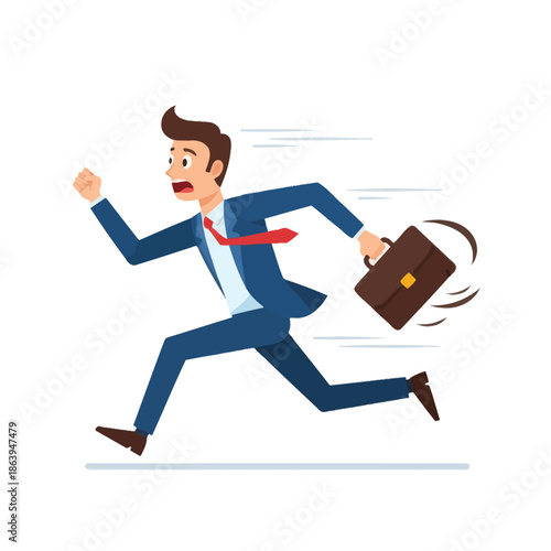 Businessman running late with briefcase, panicked expression, motion blur effect